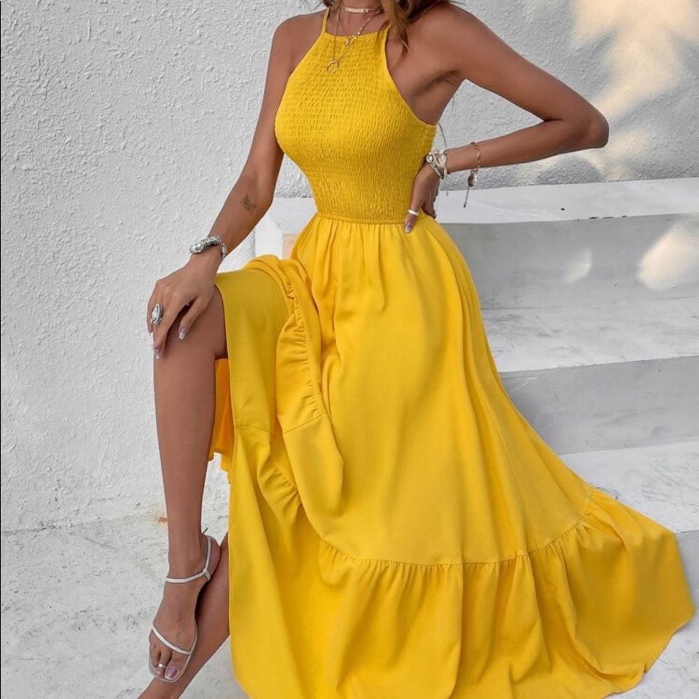 Boho Smocked Bodice Asymmetrical Hem Ruffle Cami Maxi Dress BLUE - Picture 9 of 14